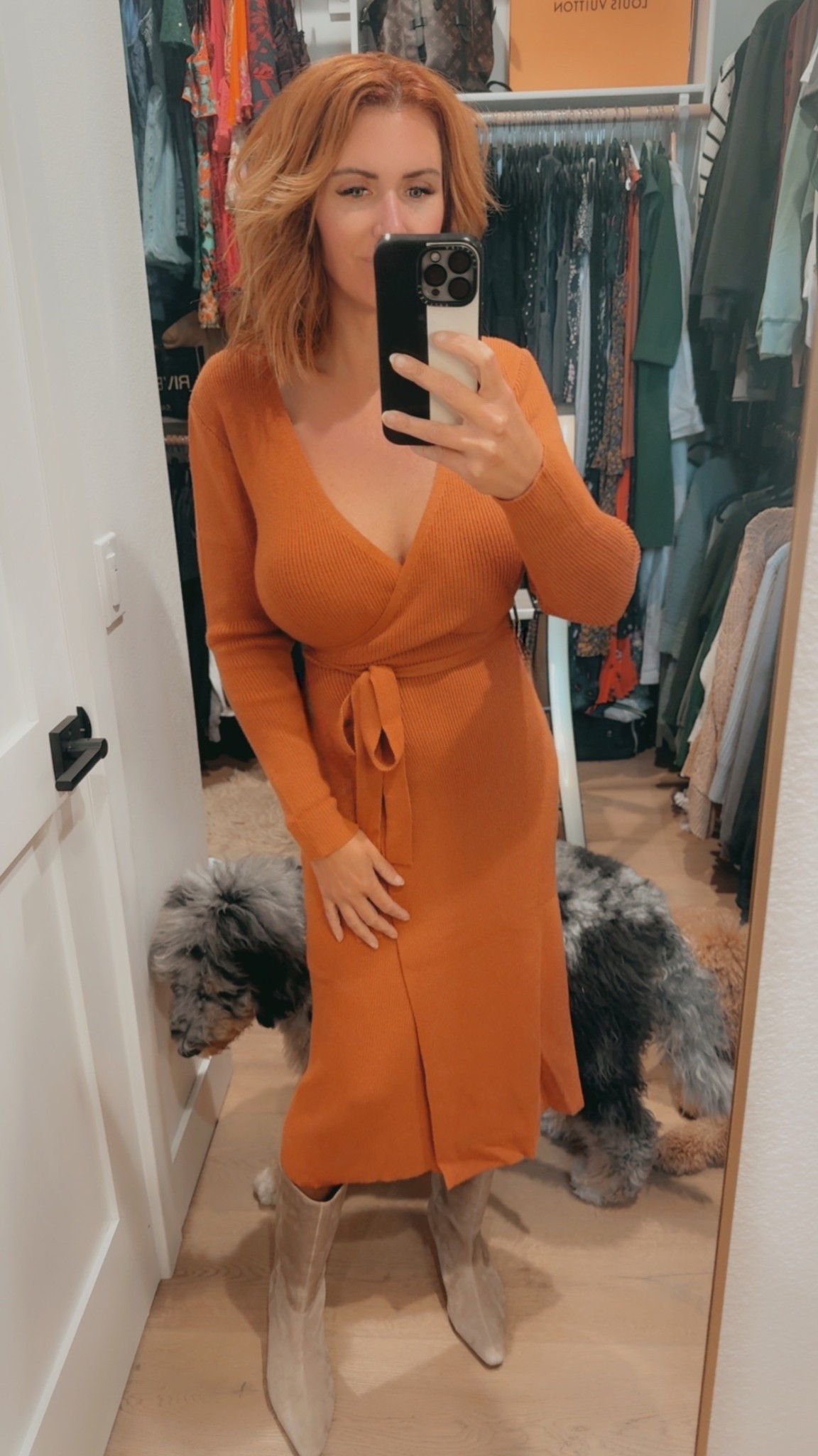 Fall dress | sweater dress | wraparound | orange | midi | long sleeves | knee high suede boots | kitten heel | beige shoes | holiday family photos 

#LTKHoliday #LTKSeasonal #LTKPetite