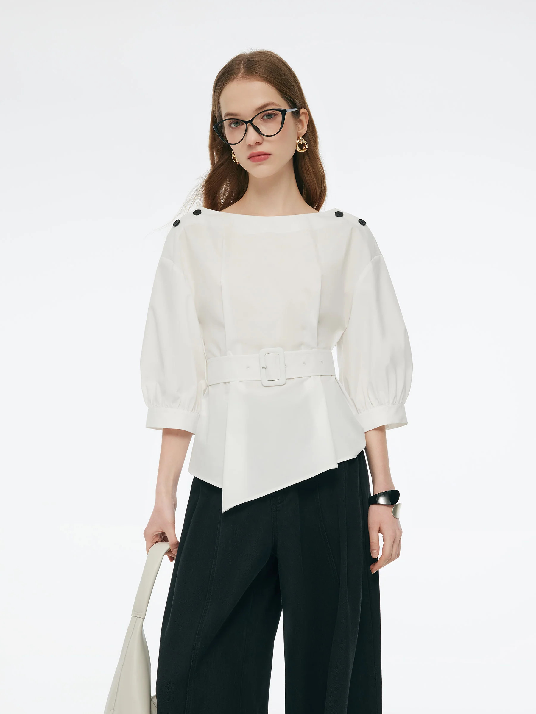 Boat Neck 3/4 Sleeve Women Blouse With Belt - White / M | GOELIA