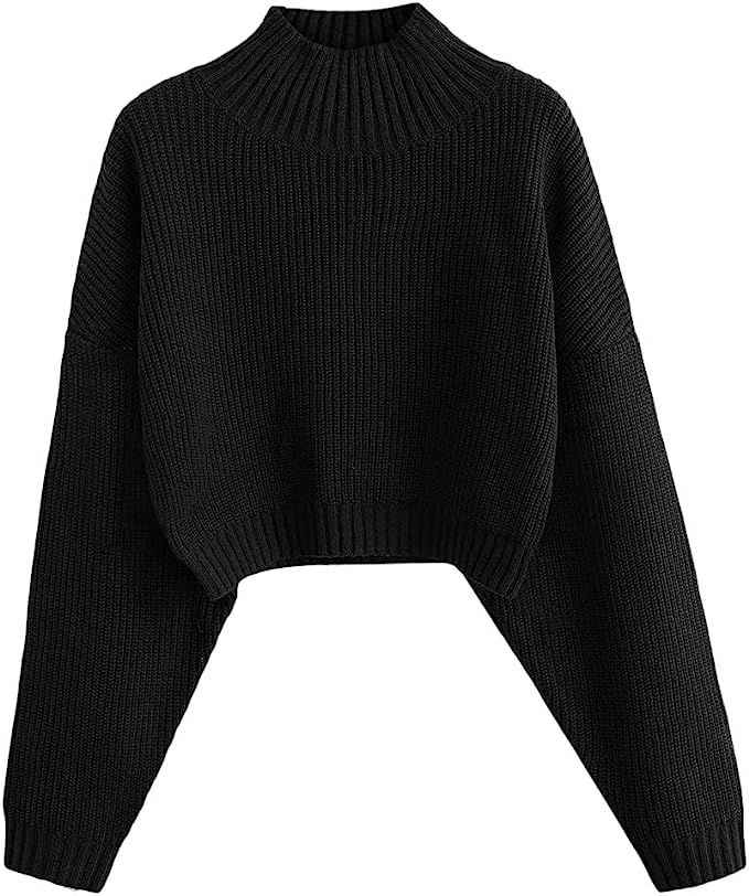 ZAFUL Women's High Neck Lantern Sleeve Ribbed Knit Pullover Crop Sweater Jumper | Amazon (US)