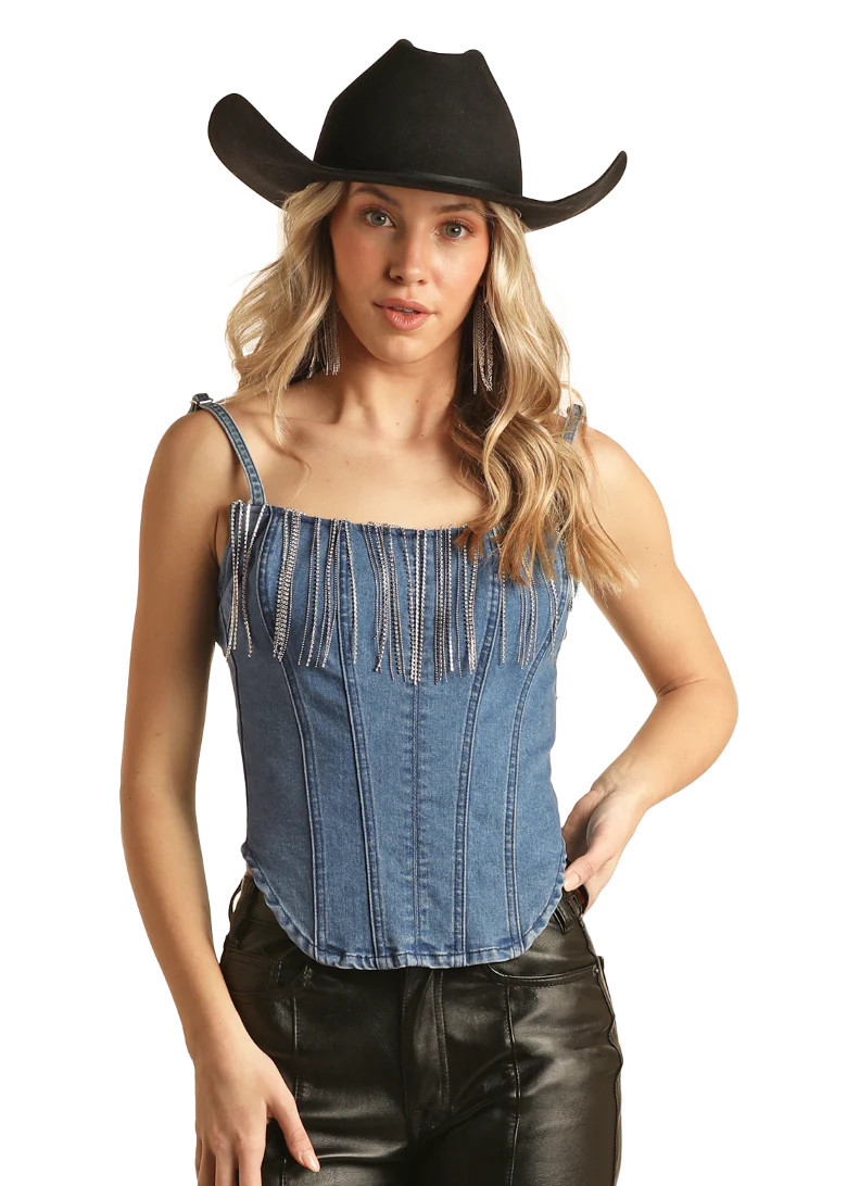 Denim Fringe Corset Tank Top | Rock & Roll Denim
