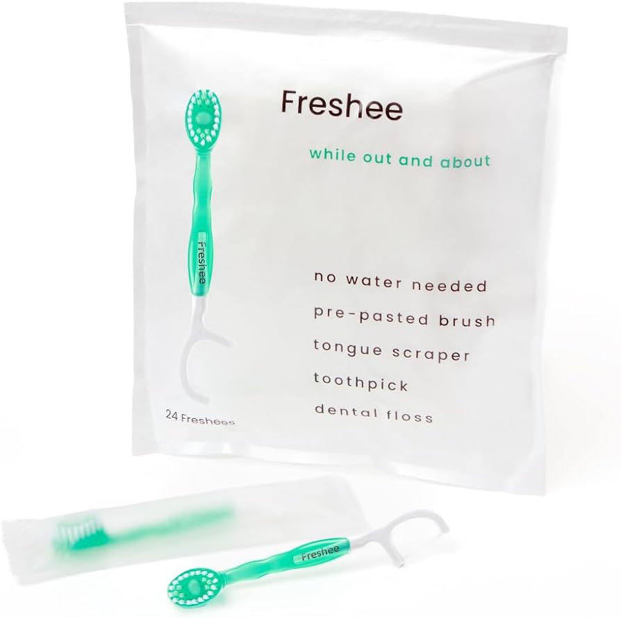 Freshee 5 in 1 Disposable Mini Toothbrush with Toothpaste + Floss + Pick + Tongue Scraper | Trave... | Amazon (US)
