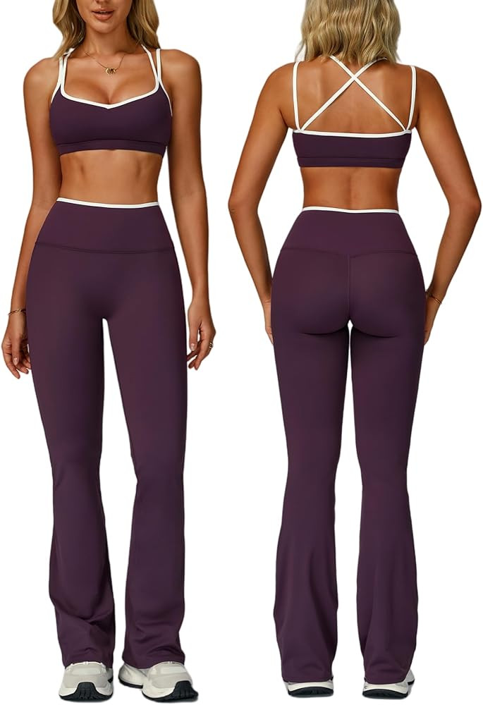 ABOCIW Workout Sets for Women 2 Piece Color Block Strappy Sports Bra High Waist Flare Leggings Gy... | Amazon (US)