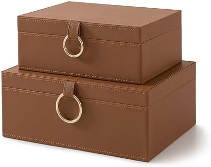 Soul & Lane Faux Leather Storage Box Set, 2 Decorative Boxes with Lids for Home Decor, Coffee Tab... | Amazon (US)