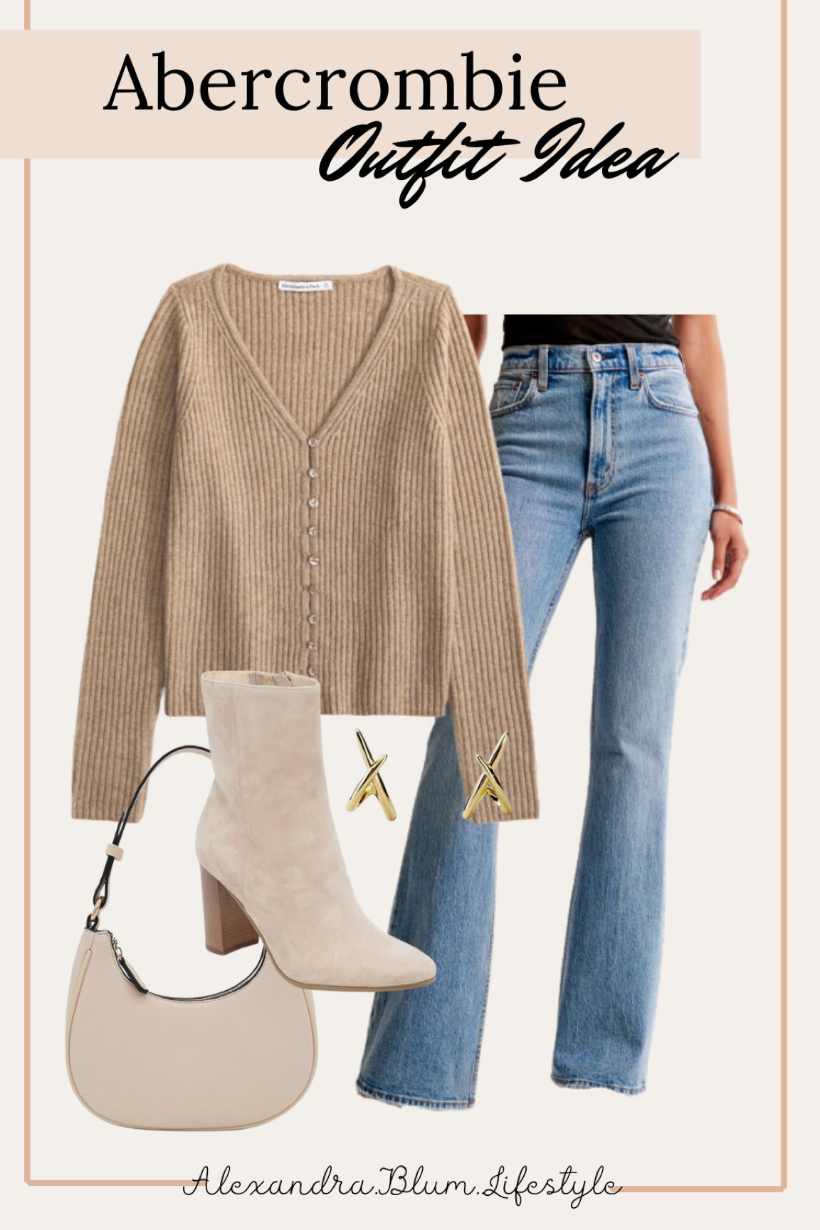 Abercrombie outfit idea! Casual outfit for fall! Fall outfit! Thanksgiving outfit! Nude cardigan,  wide leg flare jeans, stone white booties, ivory handbag, and Amazon gold earrings! 

#LTKFindsUnder100 #LTKWorkwear #LTKShoeCrush