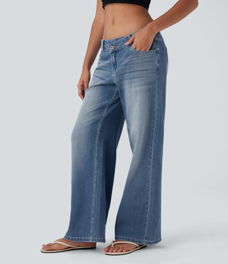 Women’s Halara Flex™ Asymmetric Low Rise Zipper Pockets Baggy Wide Leg Washed Casual Jeans - ... | HALARA