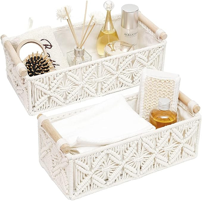 HOSROOME Macrame Storage Basket Boho Decor Baskets for Organizing Woven Decorative for Countertop... | Amazon (US)