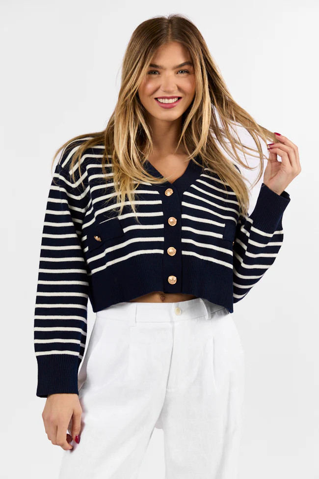 Back In Style Navy and Ivory Striped Cardigan | Pink Lily