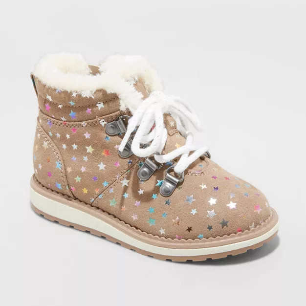 Toddler Girls' Reed Zipper Combat Shearling Style Boots - Cat & Jack™ Taupe | Target