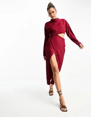 ASOS DESIGN plisse cut out dress with wide sleeve and side twist maxi dress in wine | ASOS (Global)