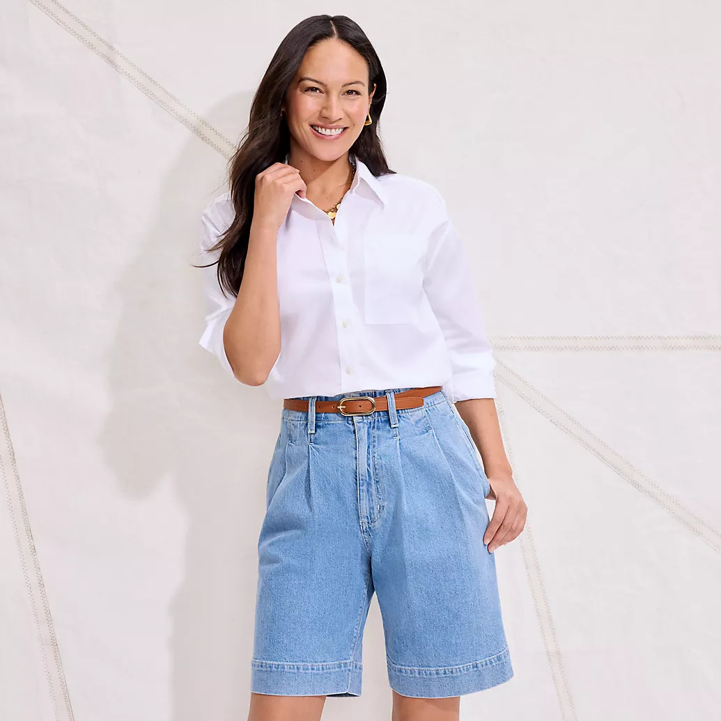 Women's Soft Denim High Rise 7" Pleated Trouser Shorts | Lands' End (US)