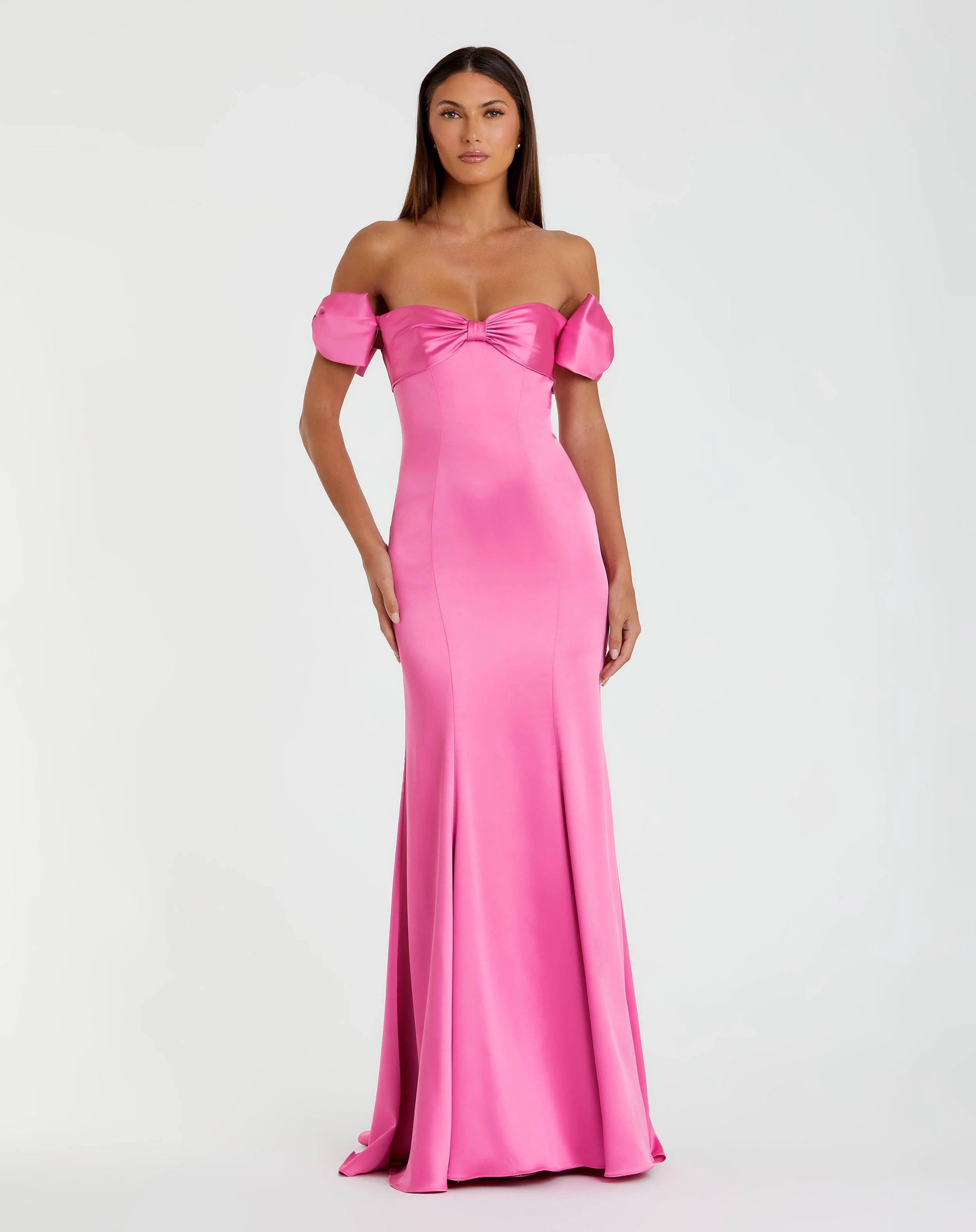 Pink Off-the-Shoulder Satin Trumpet Gown with Bows | Mac Duggal | Mac Duggal