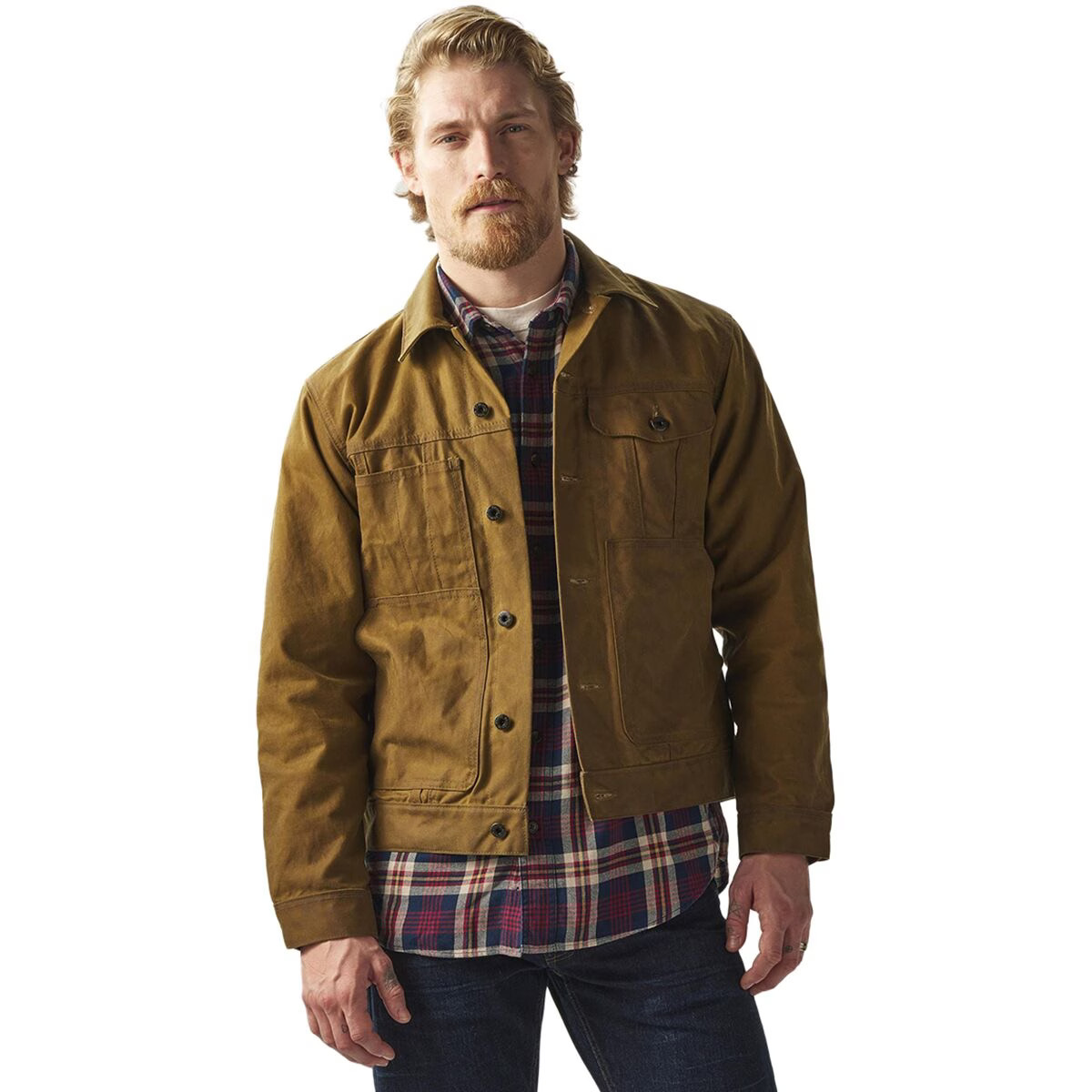 Filson Tin Cloth Short Lined Cruiser jacket in dark tan waxed cotton