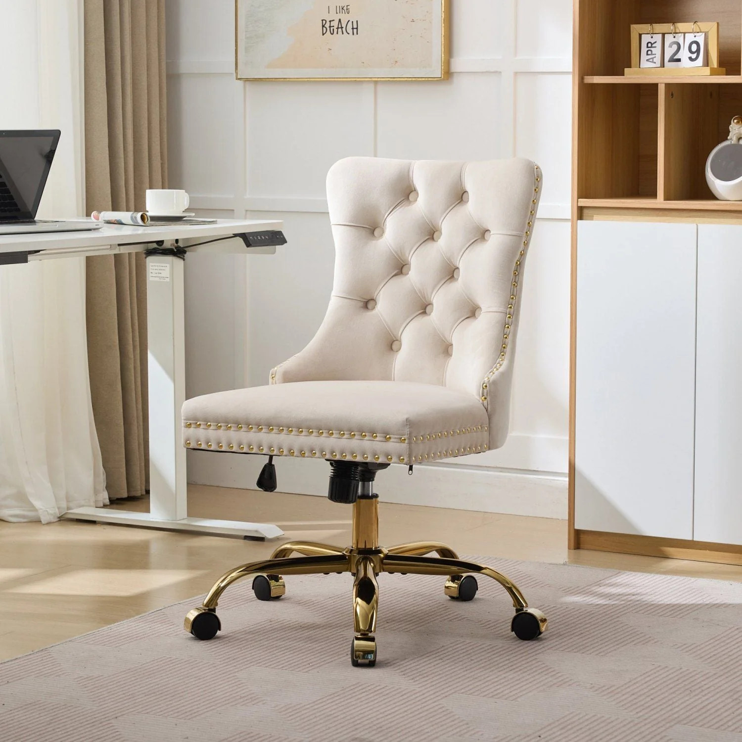 Office Chair,Modern Velvet Upholstered Tufted Button Home Office Chair with Golden Metal Base,Adjustable Desk Chair Swivel Office Chair (Beige) | Shop Simon