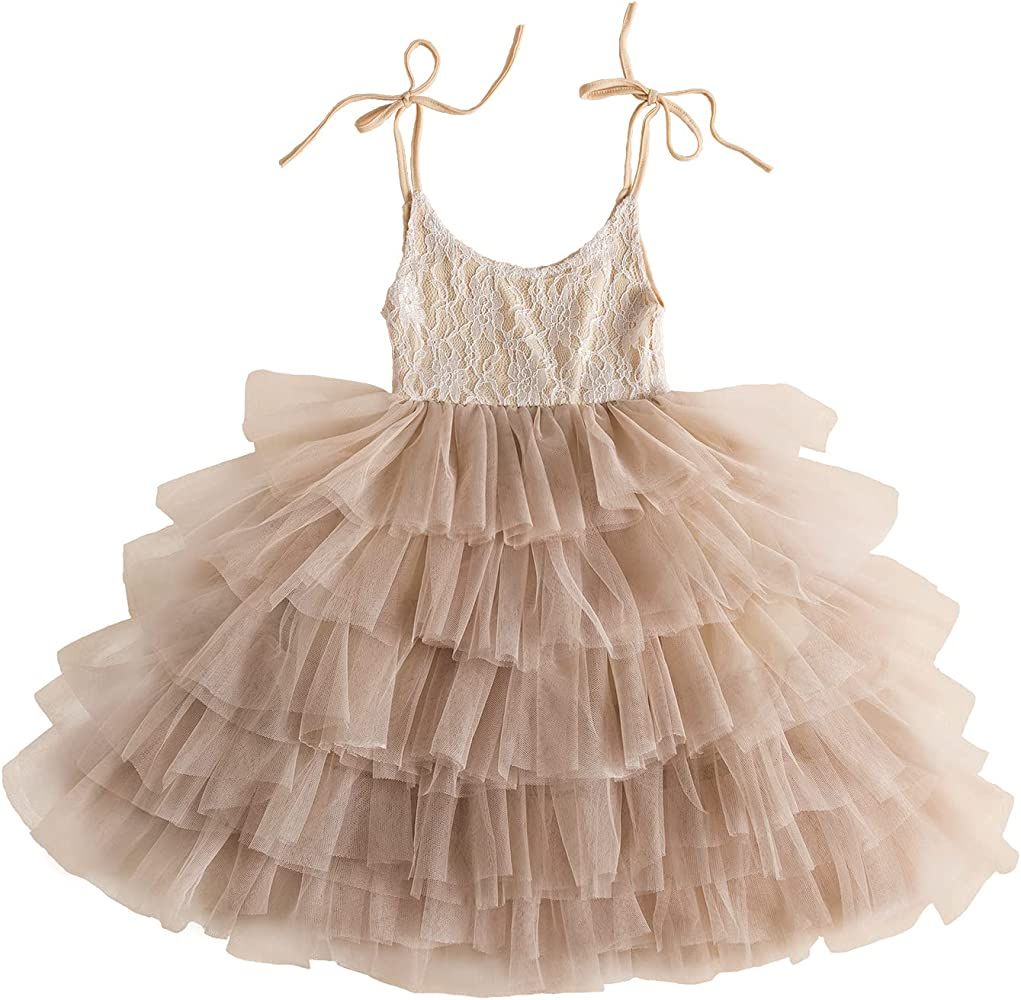 Girls Flower Sleeveless Strap Princess Layered Dress | Amazon (US)