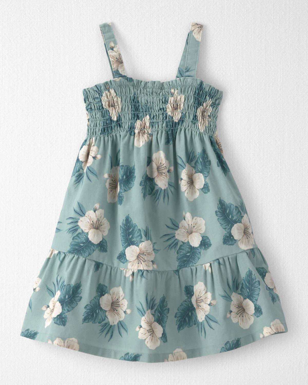 Toddler Girl Smocked Linen Dress Made with Organic Cotton in Blue Hibiscus - Little Planet | Cart... | Carter's Inc