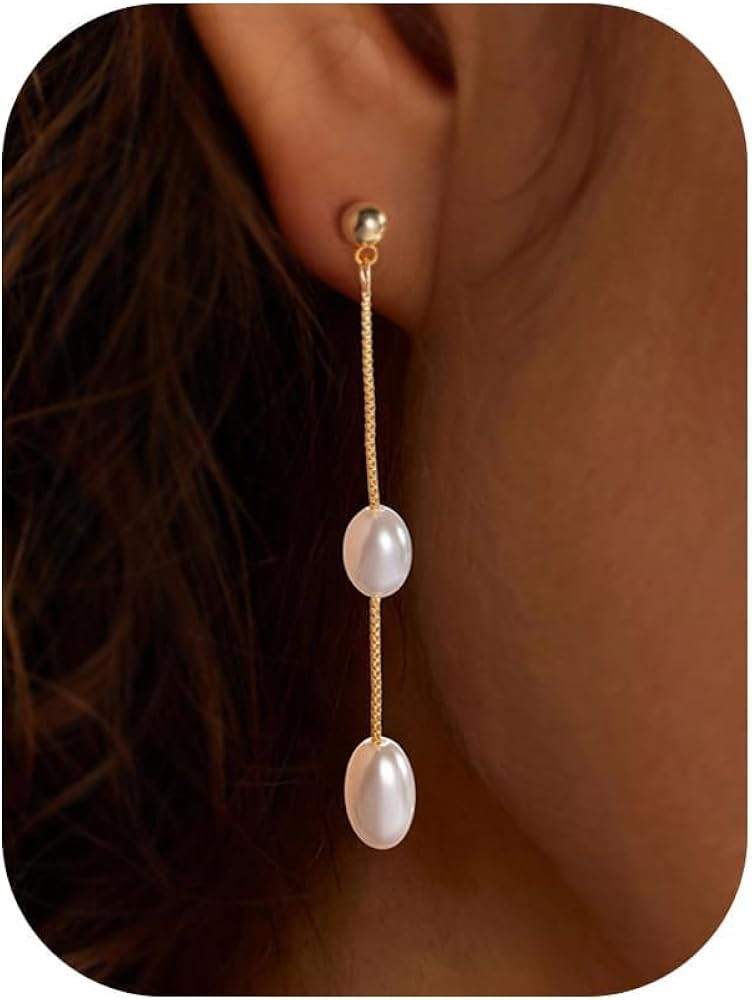 Pearl Earrings-14K Gold Plated Dainty Pearl Drop Dangle Earrings Small Hoop Pearl Huggie Earrings... | Amazon (US)