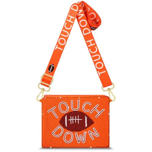 Game Day Purse Beaded Football Crossbody Shoulder Purse Sport Team Red White Spirit Accessories Game Day Outfits Football Mom Gifts (Orange White) | Amazon (US)