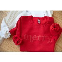 Embossed Merry Shirt Christmas Sweatshirt Puff Red Women's Holiday Sweatshirt Outfit For Party Festive | Etsy (US)