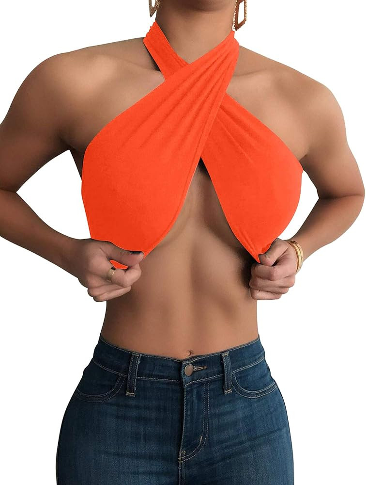 Mokoru Women's Sexy Sleeveless Halter Criss Cross Tank Crop Tops Self Tie Backless Cami | Amazon (US)