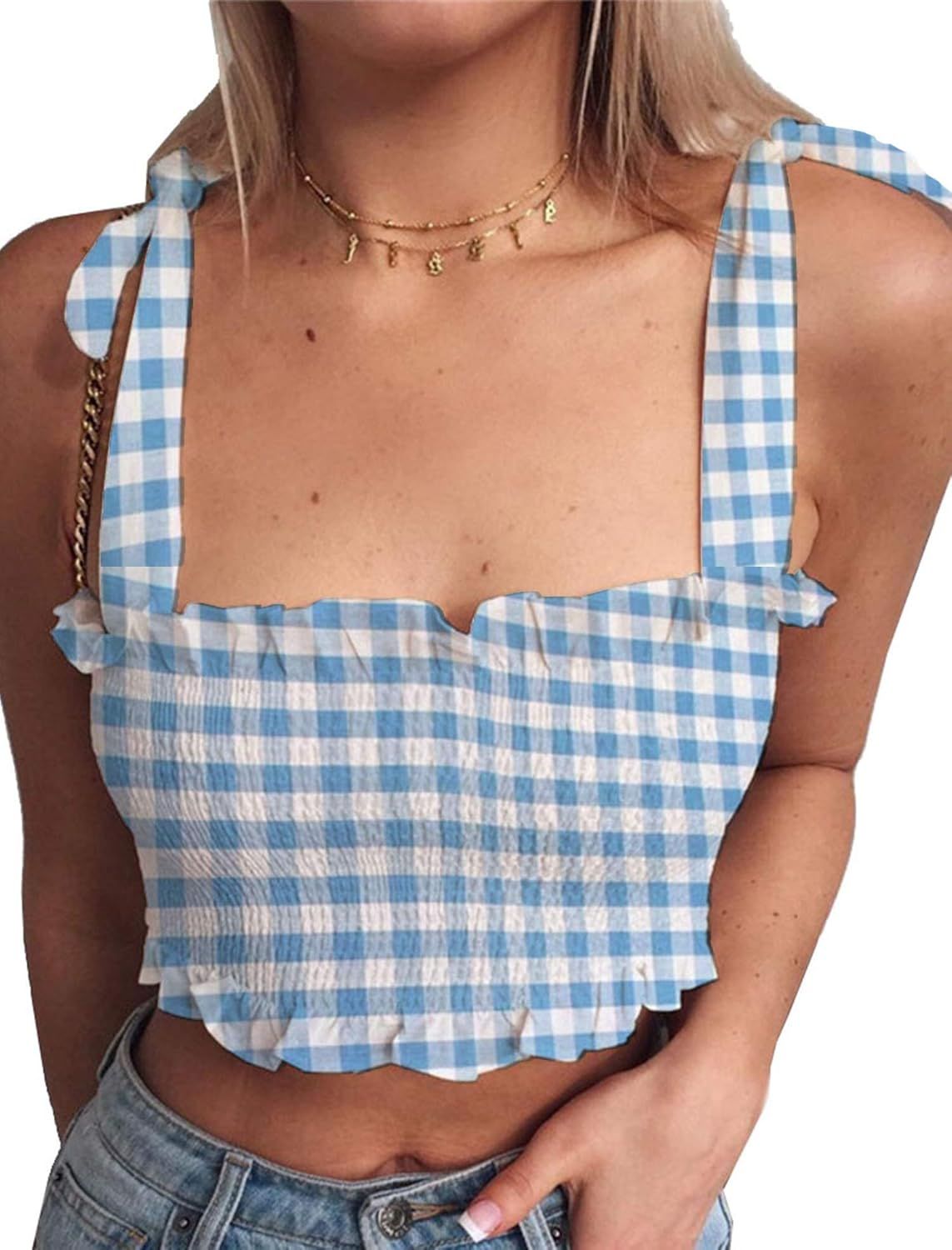 KAMISSY Women's Frill Smocked Crop Tank Top Tie Shoulder Strap Vest | Amazon (US)