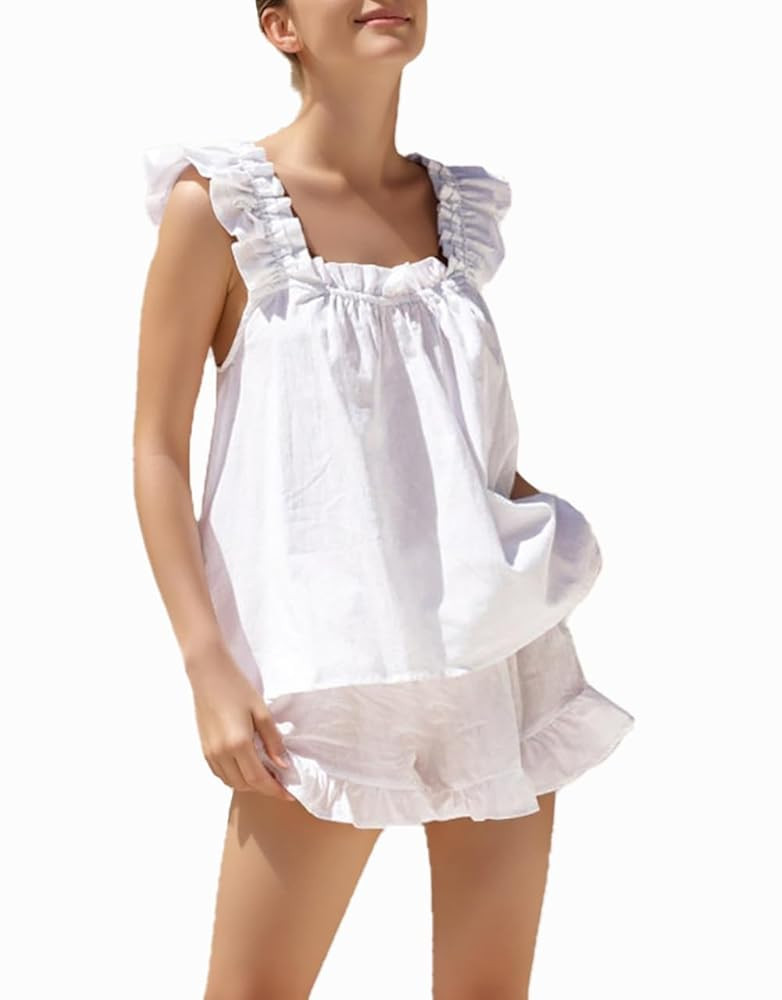 Womens Summer 2 Piece Set Fashion Ruffle Trim Cami and Casual Shorts Set Cotton Pajama Sets | Amazon (US)