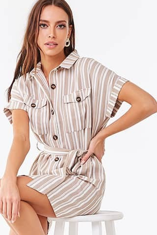 Forever 21 Striped Button-Front Shirt Dress , Khaki/white | Forever 21 (US)