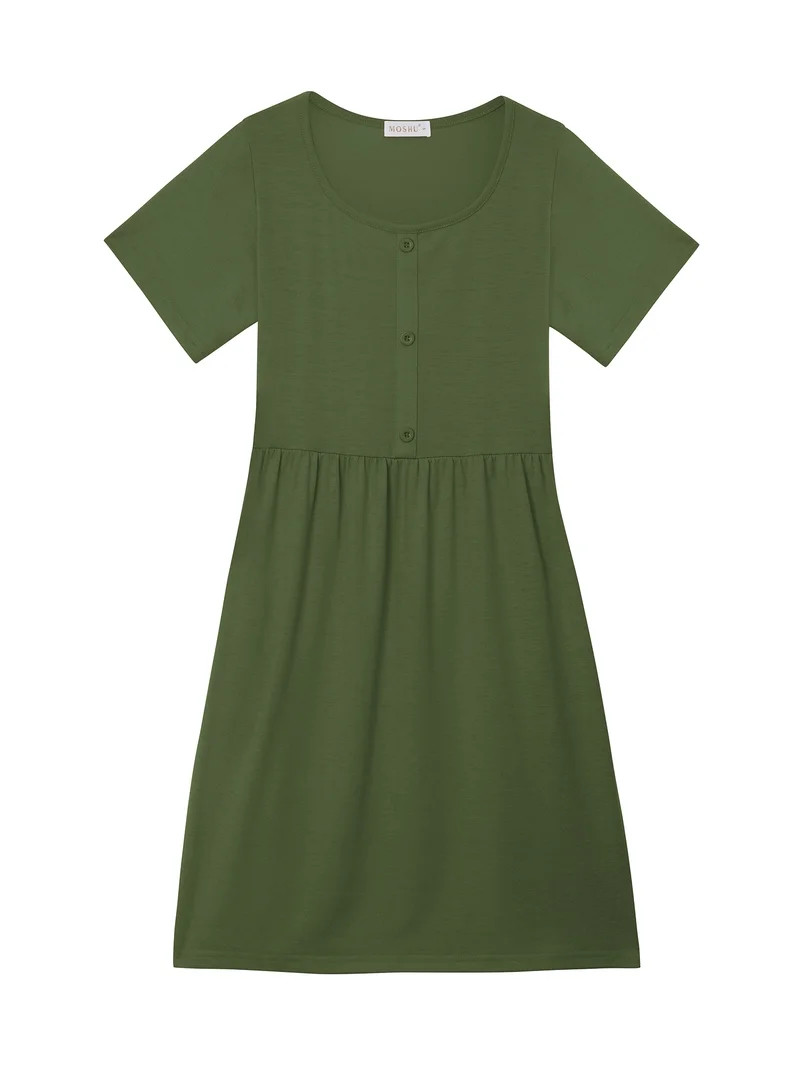 MOSHU Summer Dresses for Women Crewneck Short Sleeve Midi Dress Casual Button A-Line Sundress wit... | Walmart (US)