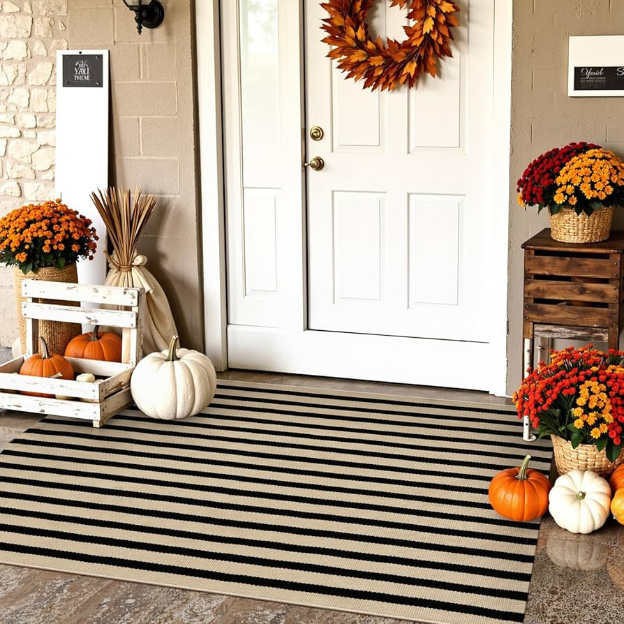 KIMODE Black and Khaki Striped Fall Outdoor Rug 27.5"x43", Washable Outdoor Front Porch Rug, Hand... | Amazon (US)
