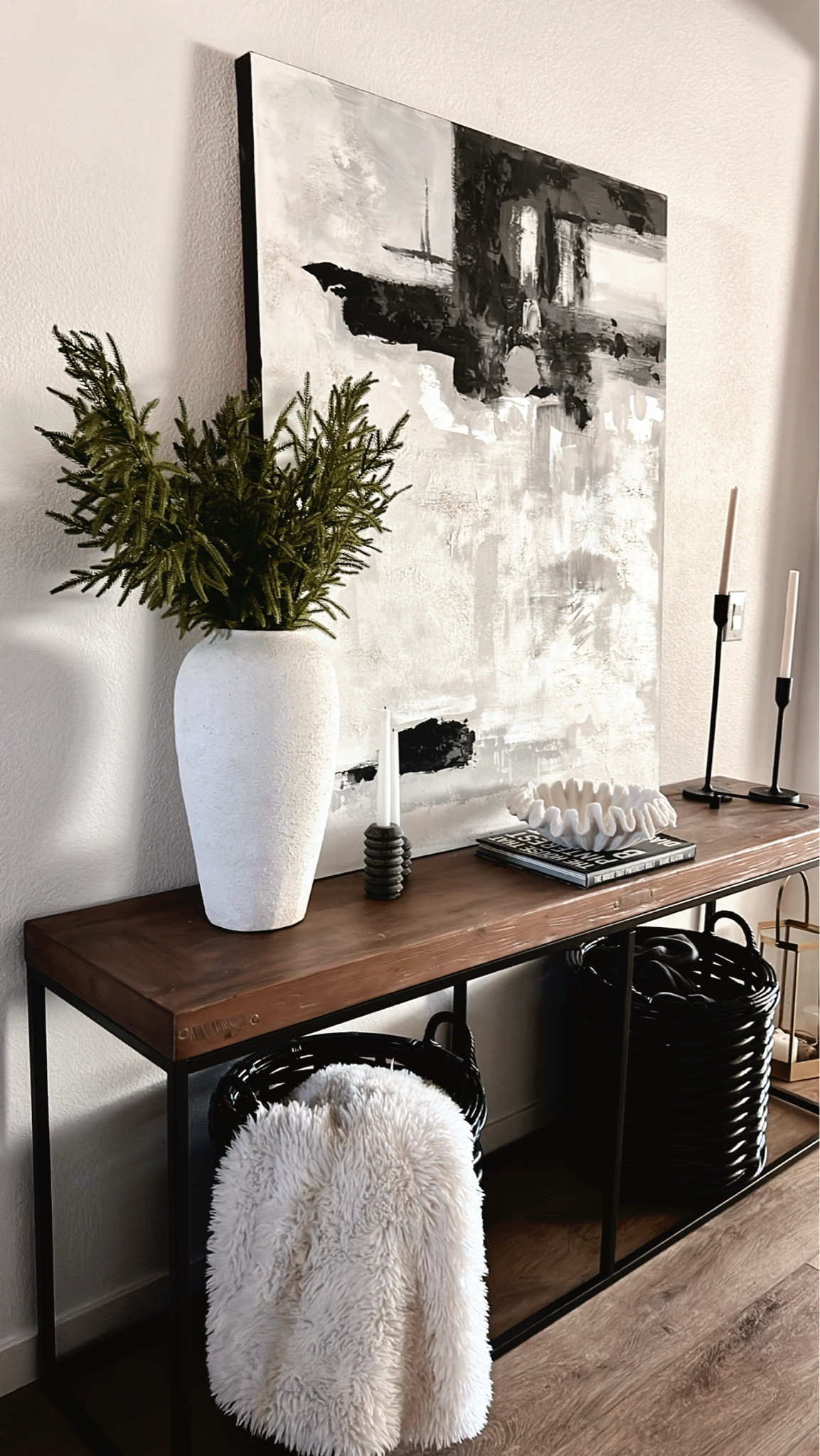 Winter styling, winter console table, winter home decor, console table, baskets, black baskets, fur blanket, white vase

#LTKSeasonal #LTKGiftGuide #LTKHome