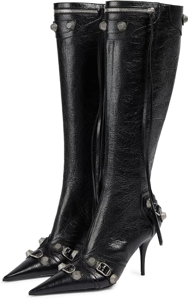 Ancomafio Knee High Boots for Women Stiletto Heel Studded Boots Pointed Toe Rivets Tassel Boot Se... | Amazon (US)