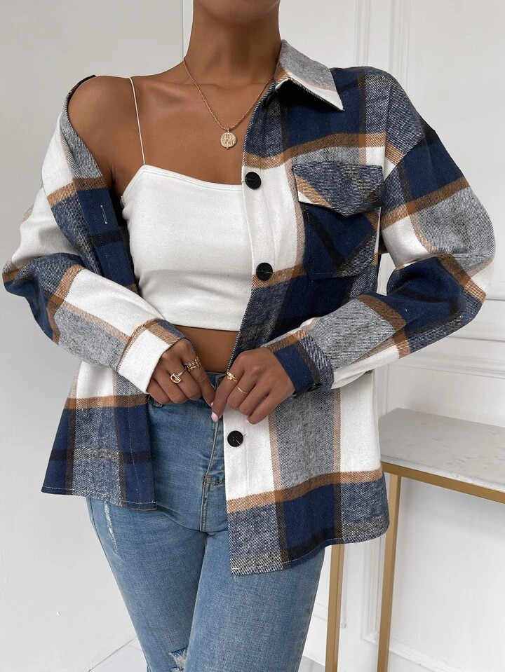 SHEIN Privé Plaid Flap Pocket Drop Shoulder Coat | SHEIN