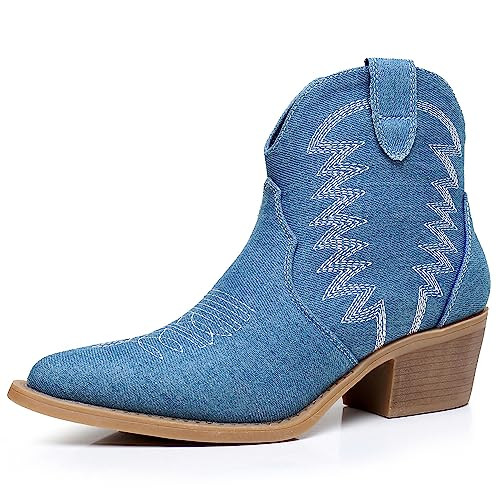 GLOBALWIN Women's Denim Boots Cowboy Blue Cowgirl Ankle Boots For Women Size 9.5M | Amazon (US)