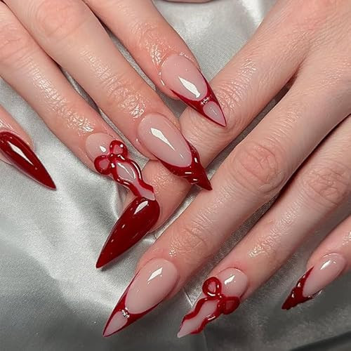Red French Tip Press on Nails Medium Almond Fake Nails Wine Red Bow False Nails Stiletto Acrylic Nails Full Cover Glue on Nail for Women Manicure Deco 24pcs | Amazon (US)