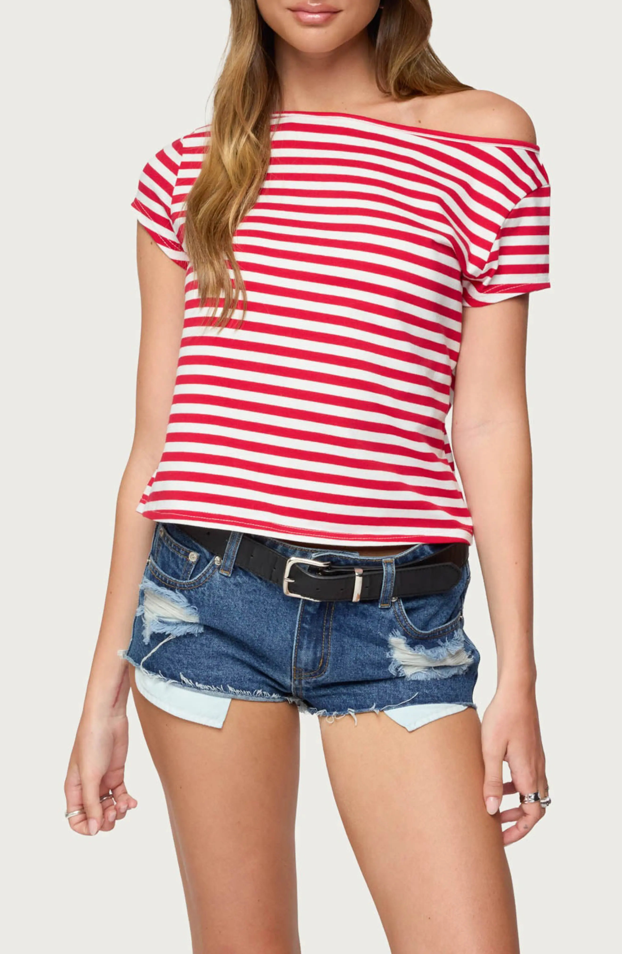 Aretha Stripe Off the Shoulder Stretch Cotton Top (Women) | Nordstrom | Nordstrom