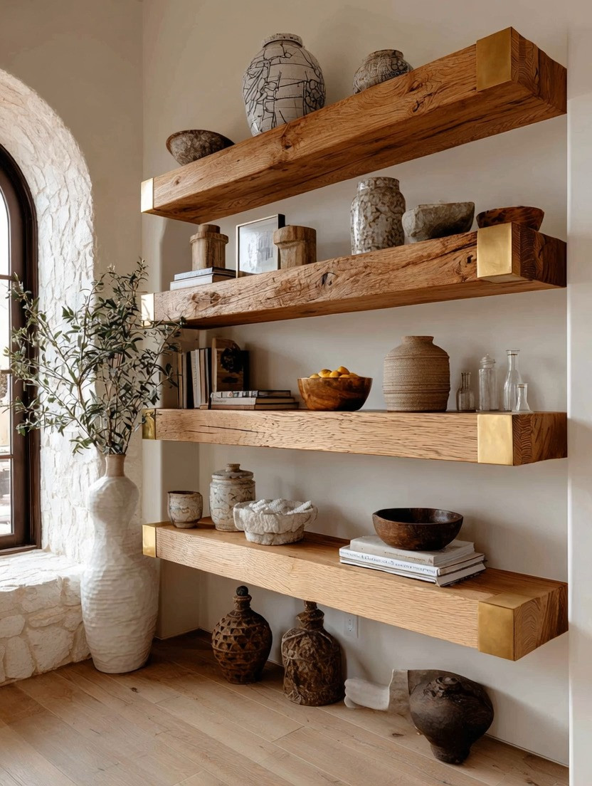 Floating Shelves — But Make Them Statement Pieces 🤍✨

Floating shelves don’t have to disappear into the wall.

When they’re thick, solid, and beautifully finished like these — they become part of the architecture of your home.

These chunky wooden floating shelves with subtle gold end caps bring:

• Strong, grounding energy
• Stability and visual weight
• Warmth from natural wood
• A bold, intentional presence

They don’t just hold decor — they frame it.

Style them with:
– Ceramic vases
– Books stacked horizontally
– Sculptural bowls
– Olive branches
– Collected travel pieces

Perfect for:
✔ Kitchens
✔ Living rooms
✔ Hallways
✔ Dining areas
✔ Anywhere you want an elevated display moment

The thickness makes the difference. Thin shelves fade away.
These create structure, strength, and statement.

Floating shelves are not storage.
They are design.

#FloatingShelves #StatementDecor #GroundedHome #WarmMinimalism #IntentionalDesign 

 #LTKHome