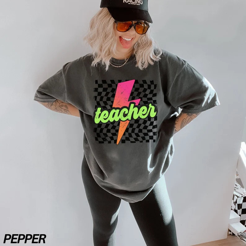 Neon Teacher Shirt, Retro Checkered Teacher Shirt, Lightning Bolt, New Teacher Gift, Back to Scho... | Etsy (US)