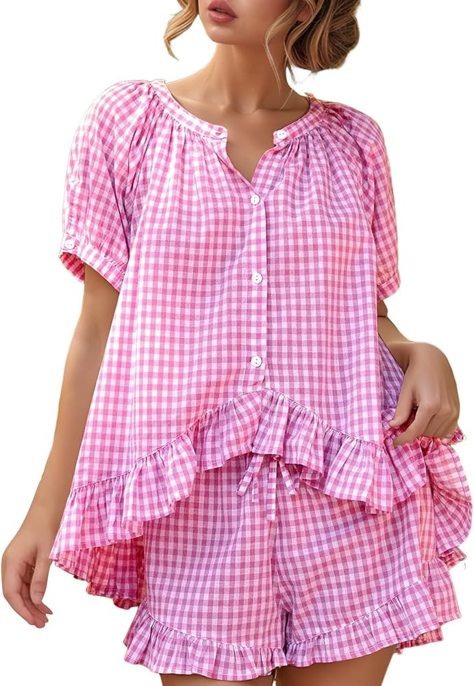 Wyeysyt Womens Gingham Pajamas Set 2 Piece Cotton Pj Sets Ruffle Babydoll Shirt and Plaid Shorts | Amazon (US)