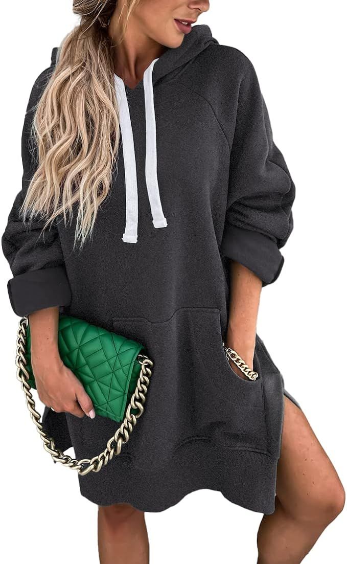 PRETTYGARDEN Women's Casual Pullover Sweatshirt Long Sleeve Split Hem Hoodie Dress with Kangaroo ... | Amazon (US)
