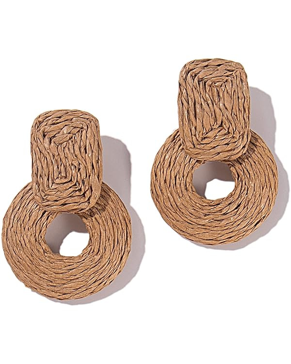 Statement Raffia Earrings Cute Boho Earrings Rattan Dangle Earrings Handmade Straw Wrap Earrings ... | Amazon (US)