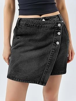 Cicy Bell Womens Jean Skirts Casual Wrap Button Asymmetrical Hem Summer Denim Mini Skirt | Amazon (US)
