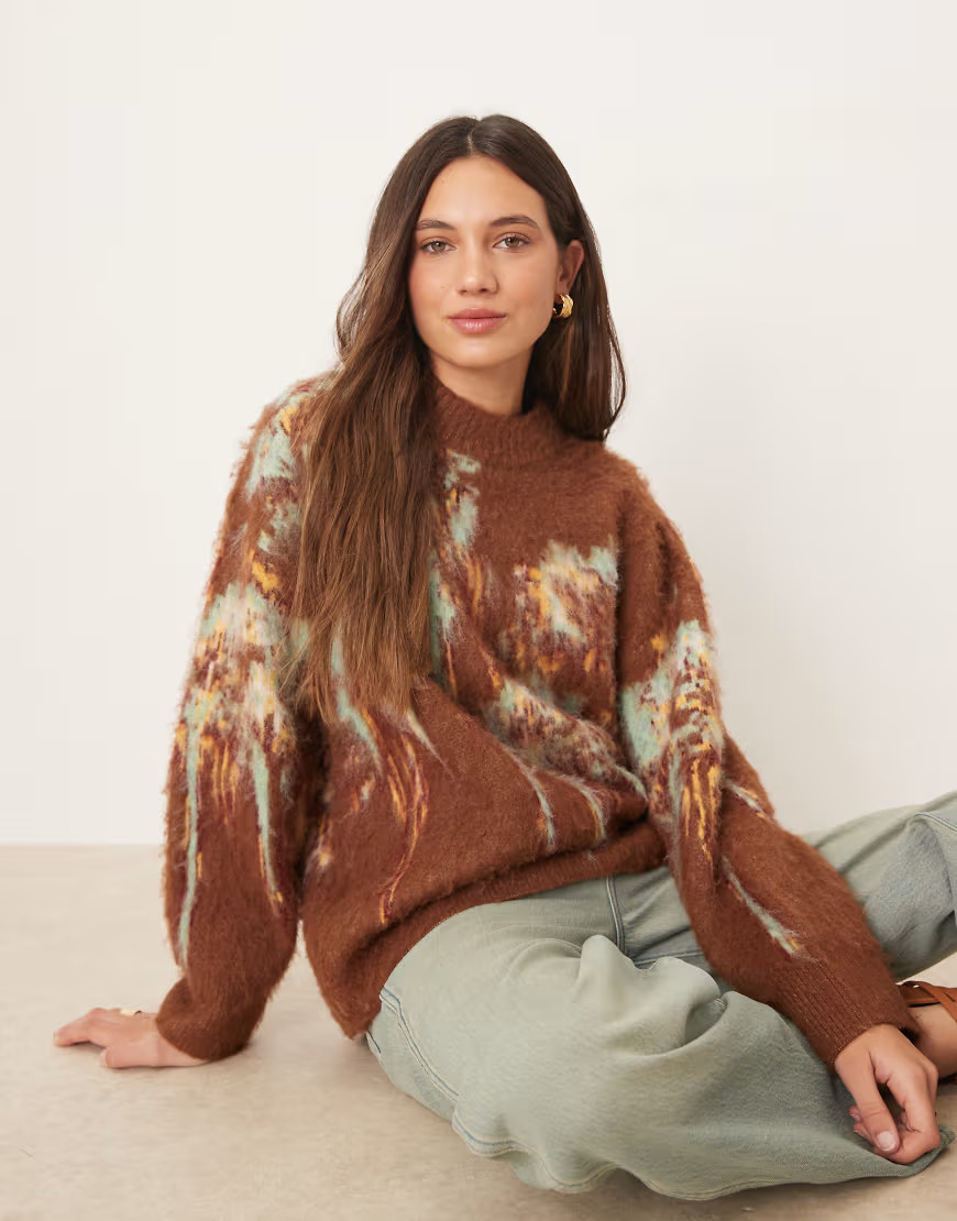 ASOS DESIGN brushed abstract floral oversized crew neck sweater in brown | ASOS (Global)