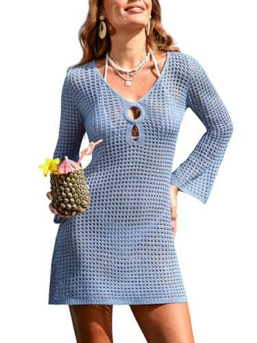 CUPSHE Women's Swimsuit Coverup Crochet Long Sleeve Casual Beach Cover Up Dress for Swimwear Blue, L | Amazon (US)