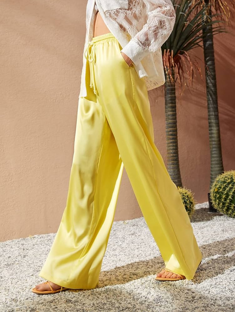 Women's Pants Drawstring Waist Slant Pocket Satin Pants Pant for Women (Color : Yellow, Size : Me... | Amazon (US)