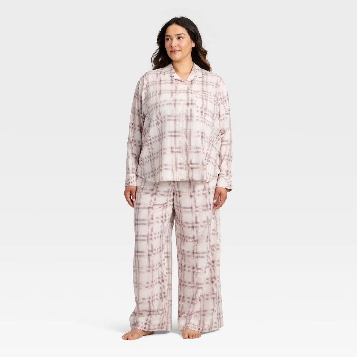 Women's Flannel Long Sleeve Button Down Shirt and Pants Pajama Set - Auden™ Cream/Red Plaid 4X | Target