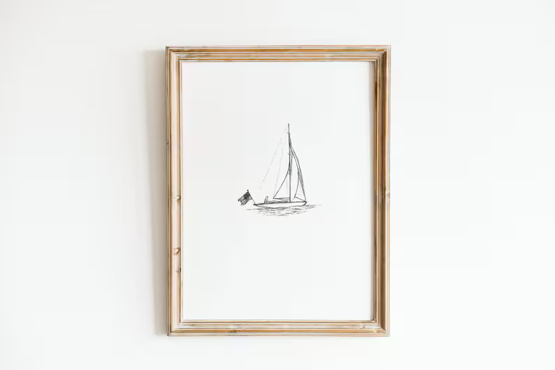 Sailboat With Flag Art Print Minimalist Sailboat Drawing Lake Sketch Boat Wall Decor Lake House W... | Etsy (US)