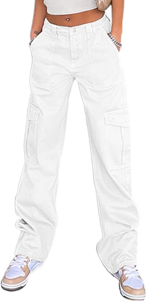 QYANGG High Waist Stretch Cargo Pants Women Baggy Multiple Pockets Relaxed Fit Straight Wide Leg ... | Amazon (US)