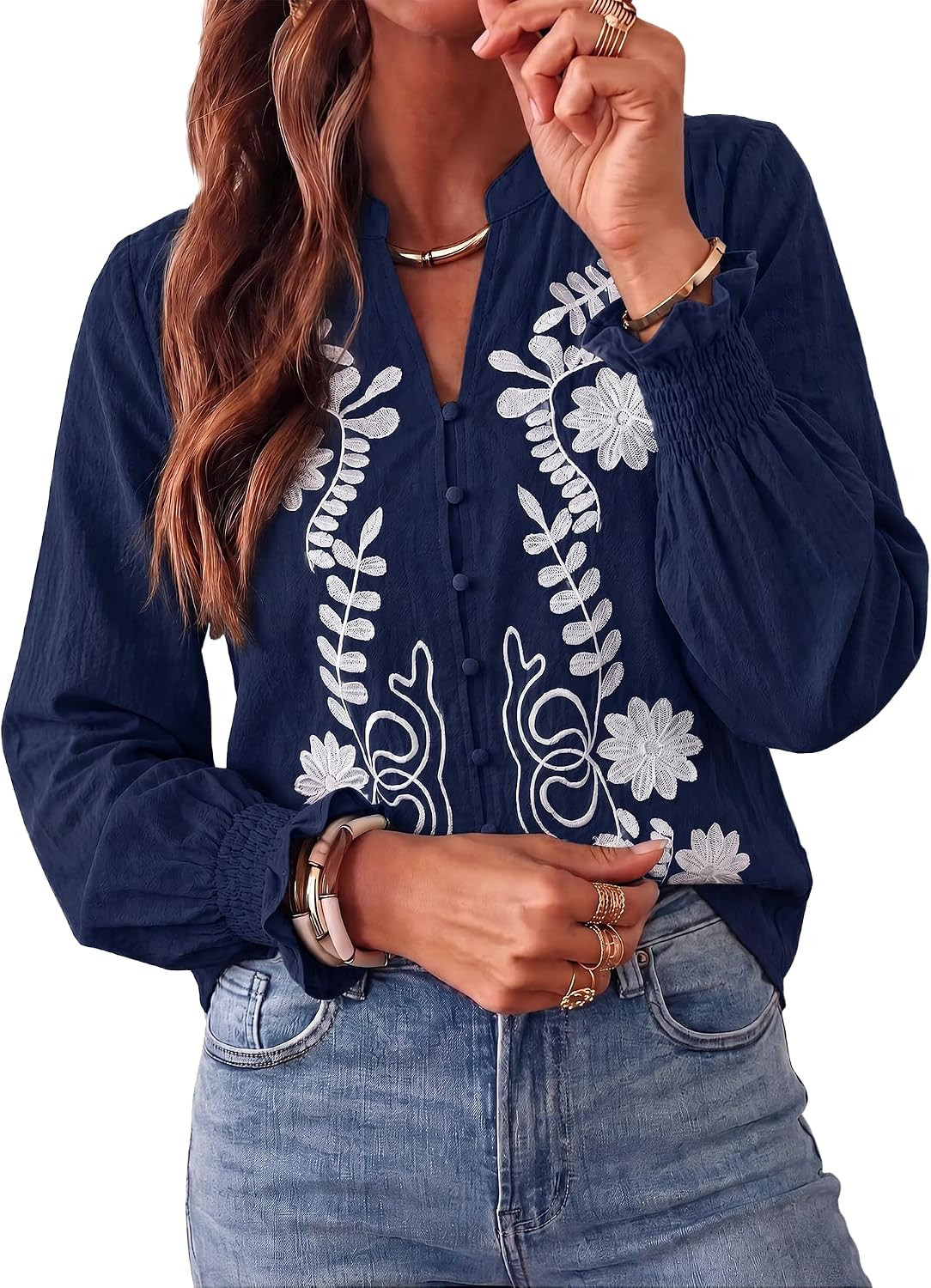 BTFBM Women's 2026 Fall Tops Dressy Casual Floral Boho Embroidered Blouse | Amazon (US)