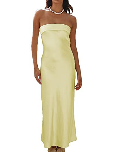 Realtix Satin Silk Backless Tube Tops Maxi Dress for Women Low Back Hollow Out Elegant Strapless Long Dresses Wedding Guest | Amazon (US)