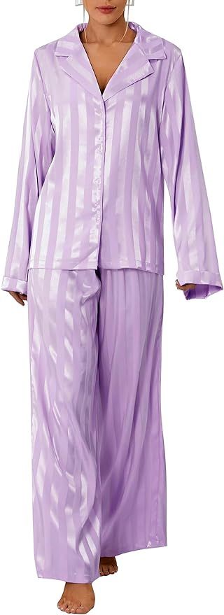 Vrtige Women's Striped Pajamas Set V Neck Long Sleeve Top with Pants Loungewear PJS Sleepwear | Amazon (US)