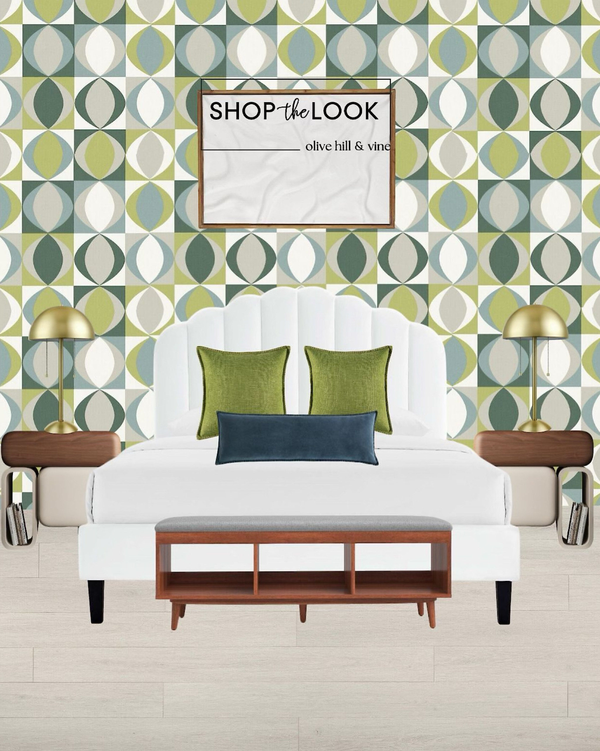 Ready to embrace a serene green retreat? Start with geometric print walls and a white velvet platform bed featuring a vertical tufted headboard. Sleek wood-top nightstands with cream block designs, a linen storage bench, green and gray pillows, sculptural art, and metal lamps complete the look. 

#LTKHome #LTKStyleTip #LTKFamily
